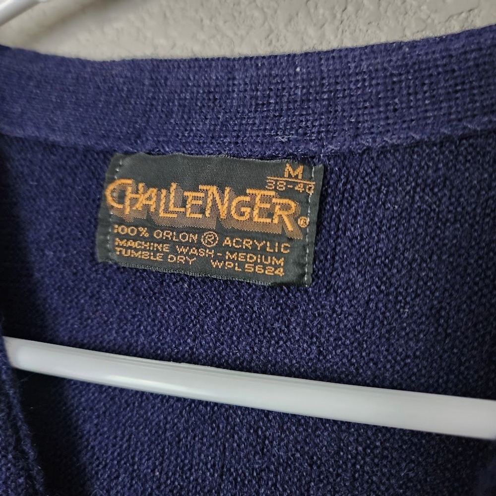 CHALLENGER VINTAGE 70's Turtle Embroidered‎ Cardigan Navy Blue M Retro Preppy - Picture 5 of 7